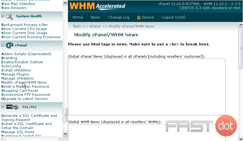 There are four boxes here that allow you to type up news to be used in cPanel & WHM. The text you enter will not be formatted in any way, so you need to use HTML to do that; you must use <br /> in order to put line breaks in your text.