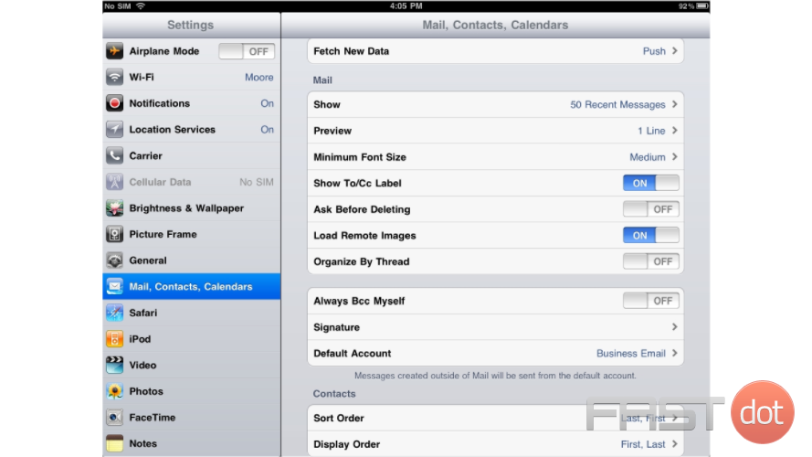 2) Then select "Mail, Contacts, Calendars"... and then select the "Signature" option.