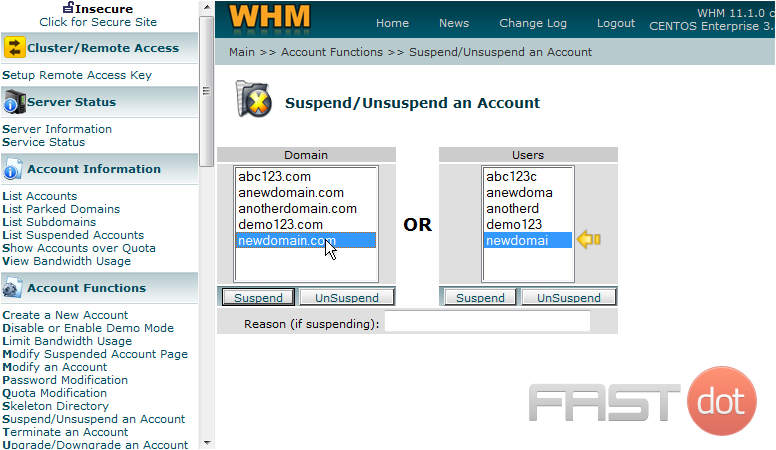 3) Select newdomain.com as the account we want to suspend. Alternatively, we could have selected the account's username here