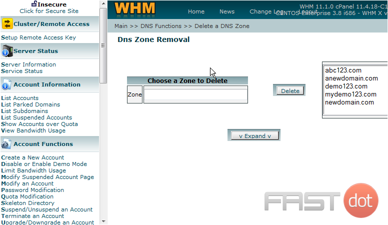 This is the screen where you can delete DNS zones together