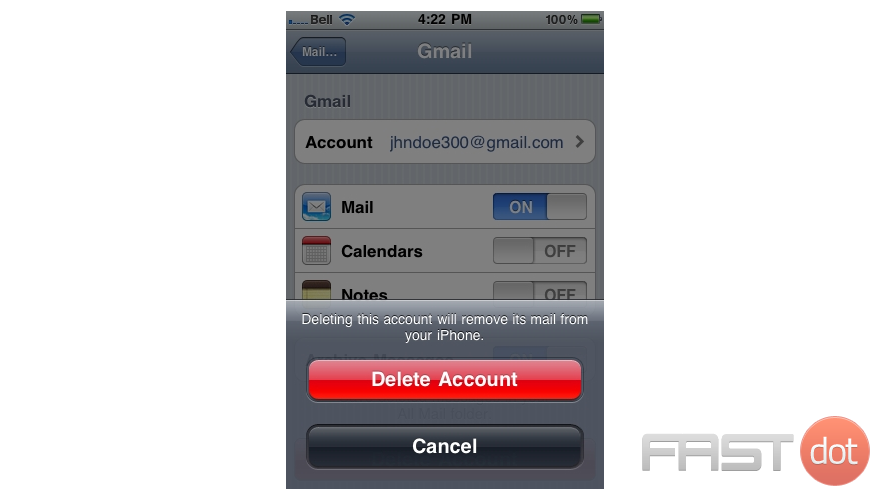 5) Press the red button to confirm you want to delete the account. Note: Deleting an email account from your iPhone will also remove all messages that were in your iPhone.