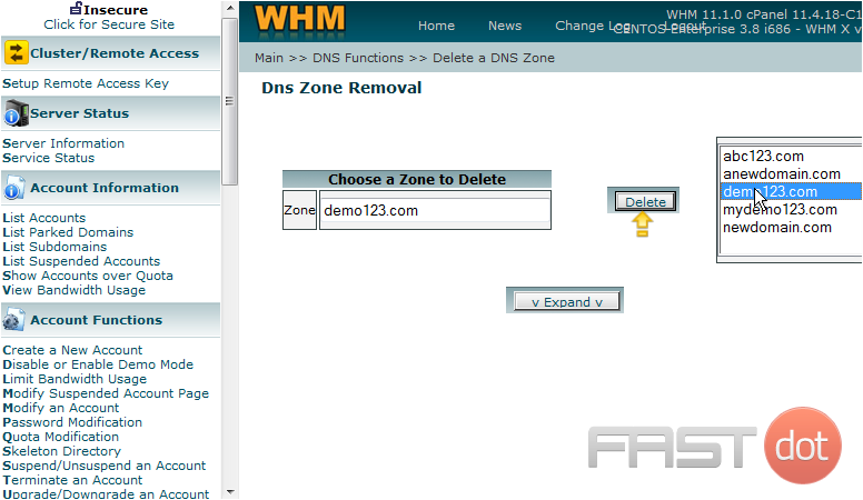 5) To delete the DNS zone for demo123.com, select that account here. Then we would click this delete button, but we're not going to do this, as it would render the account useless