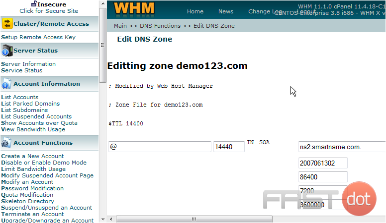 This is where you can edit the DNS zone properties of the demo123.com account