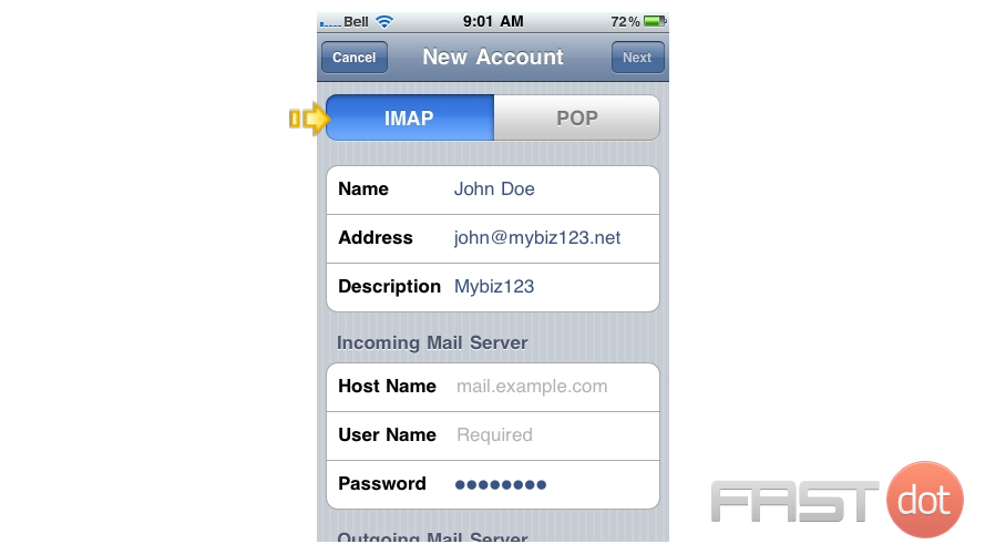 8) In this tutorial we are creating an IMAP account... therefore, ensure the IMAP option is selected here.