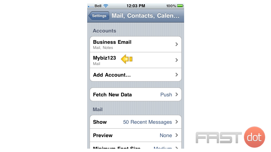 Success! The POP email account has been setup on the iPhone, and you can see it here listed under "Accounts".