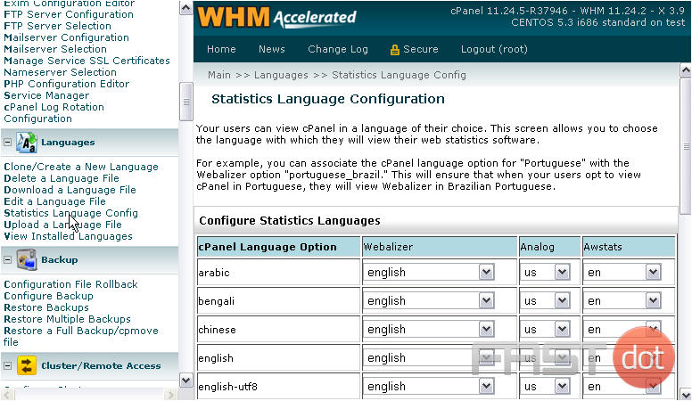 23) Here, you can control which language each of the statistics programs will use when a user has a certain language picked for cPanel.