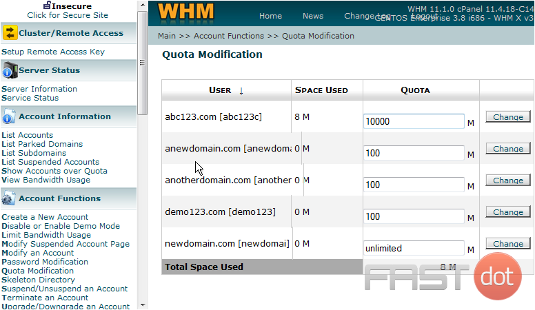 This page lists all the accounts in your WHM, and the total amount of storage space used by each one, and the total