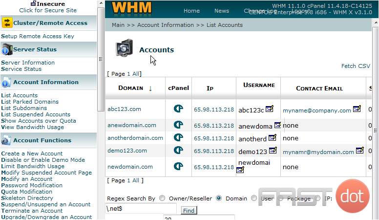 3) This is a list of accounts in this WHM's reseller plan. Once again, each of these accounts have their own individual CPanel, and we can login to their CPanel by clicking the corresponding link. Let's login to the CPanel for newdomain.com