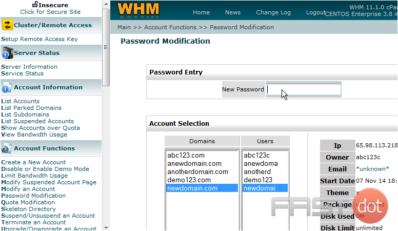 Change an account password in WHM
