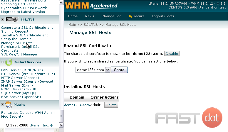 5) To disable the Shared Certificate, click Disable.