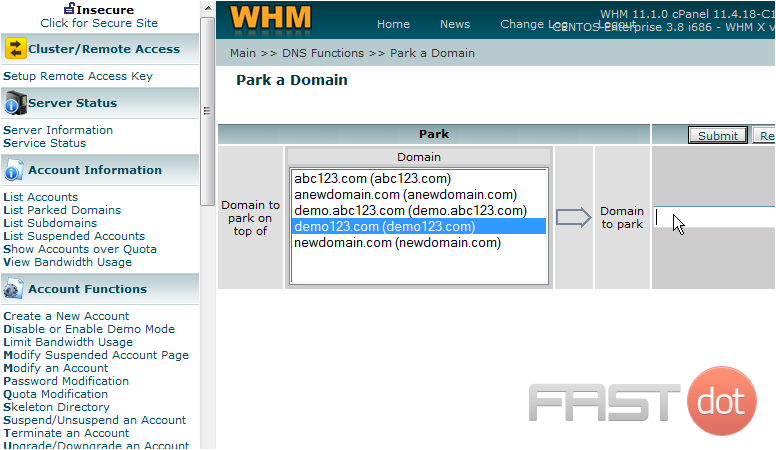 4) Then enter the new domain to park here. To create the new DNS zone, click the Submit button