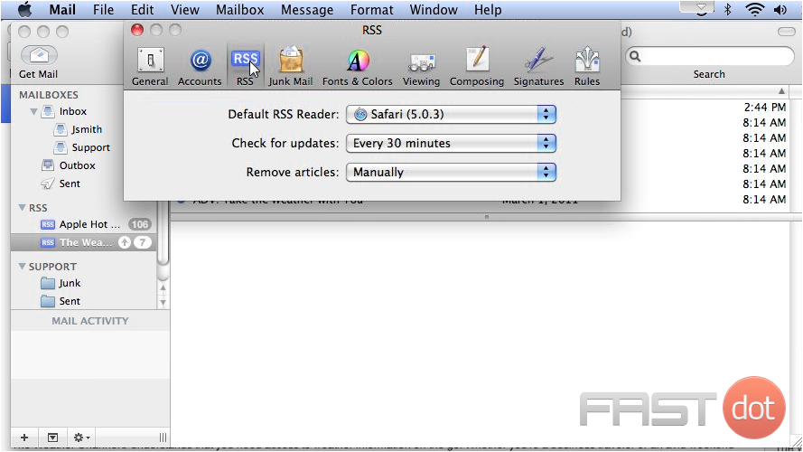 5) Click RSS. This is where you can change your default RSS reader, check for updates, and set when to remove articles.