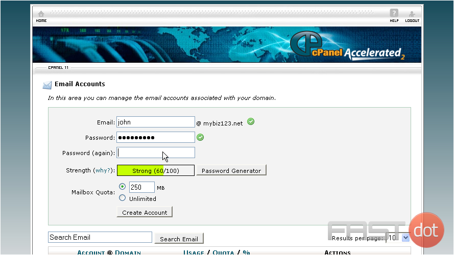4) If you want to set a quota limit for the account, you can do so here. Then, click Create Account 
