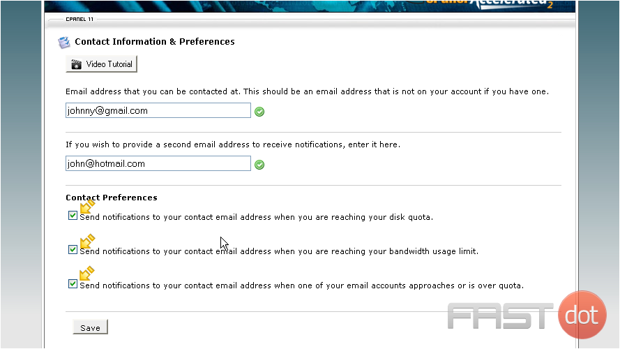 4) You can choose to be notified when you're reaching your disk quota, bandwidth usage limit, or email account quota. 