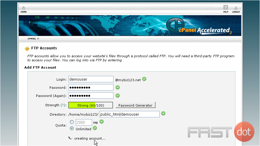 4) When ready, click Create FTP Account