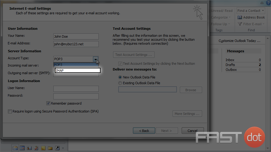 9) Select "IMAP" as the account type. 