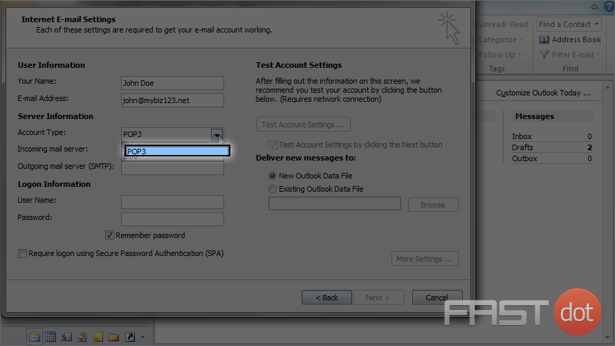9) Ensure "POP3" is selected as the account type.