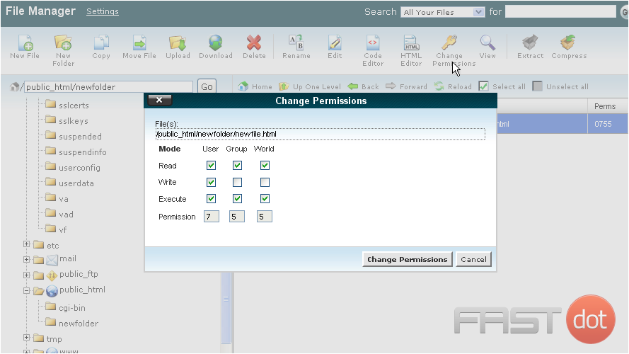 6) You can also use File Manager to change the permissions of files or folders