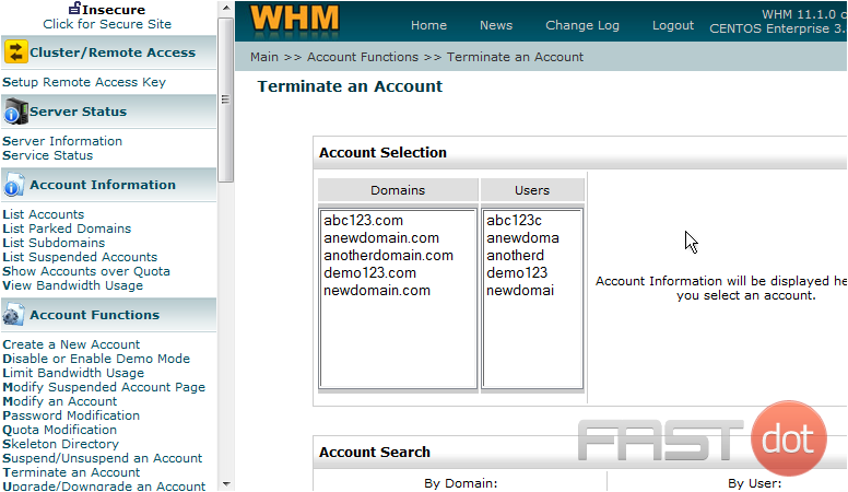 For the purposes of this tutorial, we're going to delete a dummy account we created called anotherdomain.com