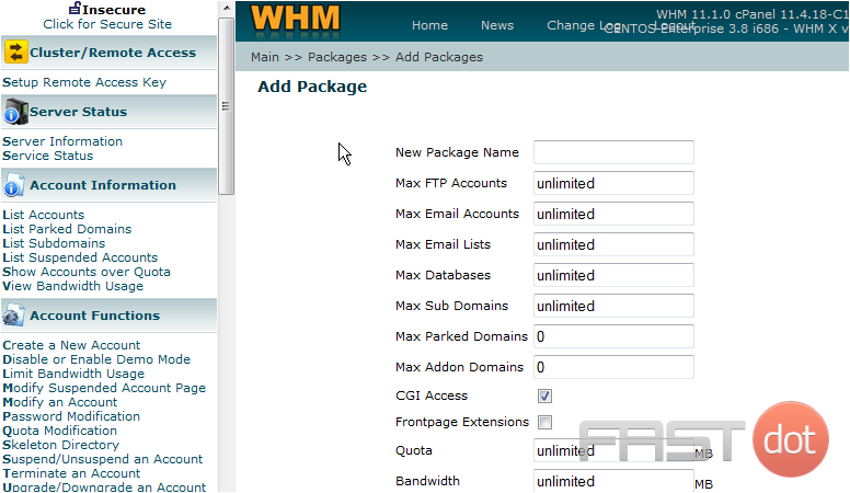 Create a hosting package in WHM
