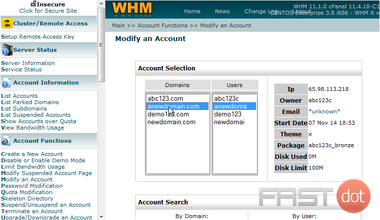 2) Click the account you wish to modify, we'll choose the anewdomain.com account