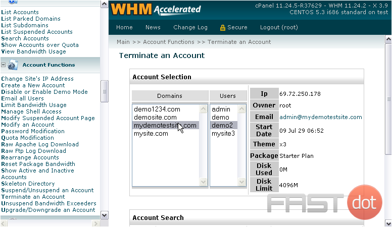3) Select an account using the main domain or user, or search for an account below.