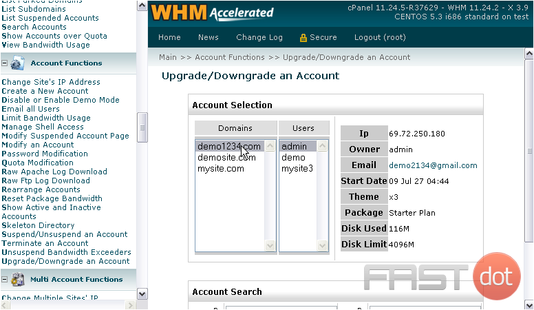 3) Select an account from the list using its main domain or username, or search for an account below.
