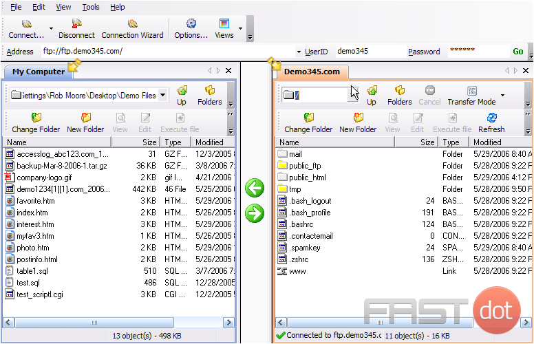 That's it! We've successfully established an FTP connection with Demo345.com, and now have two windows open.... our local computer files are displayed in the window on the left, and our remote server files in Demo345.com are displayed in the window here on the right.