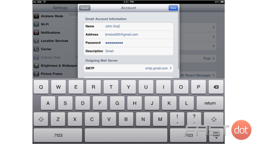 change the email password on your iPad