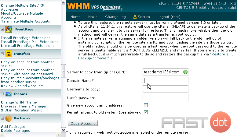 Copy a cPanel account to your server