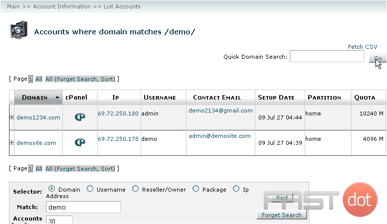 As you can see, only those accounts whose domains contain the phrase "demo" will be displayed.