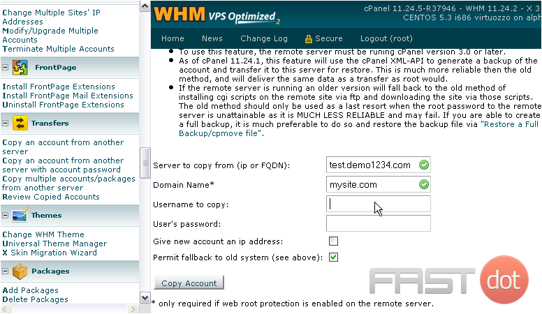 Copy a cPanel account to your server