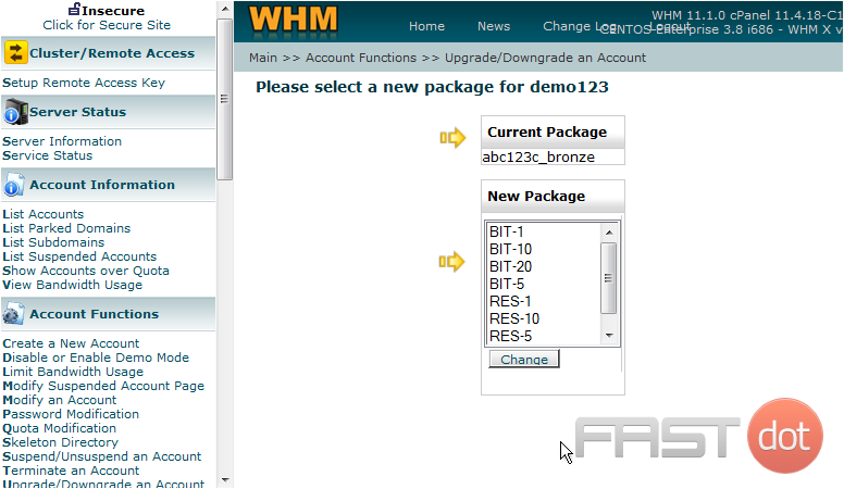 Currently, the demo123.com account is setup as a bronze package as shown here. Note the abc123c appended to the beginning of the package name, that is the username of this WHM reseller plan's main account, and indicates that the bronze package was created solely for the use of this reseller plan. The packages listed here at the top (without abc123c in front) are global packages created by the root user of this server