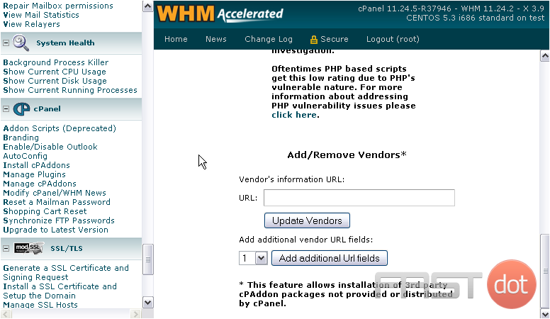 You can add and remove additional third-party addon vendors here, if you wish. This will allow you to install addon packages not provided or distributed by cPanel.