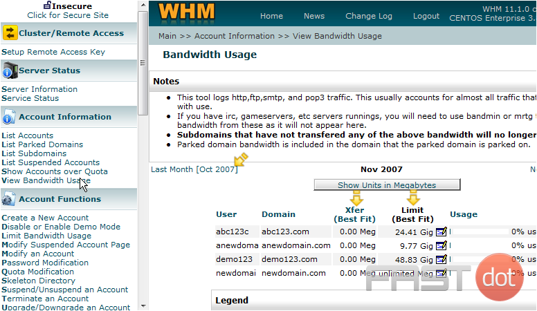 From here you can see the bandwidth used by each individual account in WHM. The amount of bandwidth used is shown in this column. We can click here to see how much bandwidth each account used last month