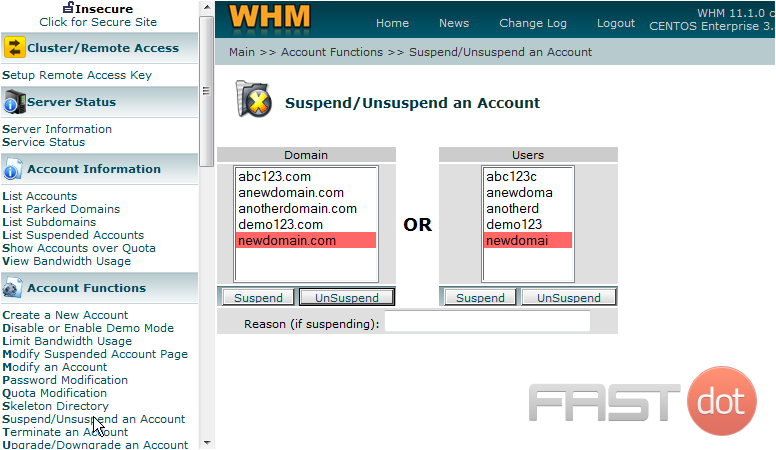 6) Now click the List Suspended Accounts link</p> <p>All accounts that are suspended in WHM are listed on this page. We can see the account we just suspended here as well as the reason for suspension here
