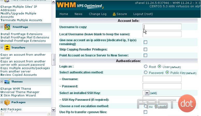copy a hosting account to WHM using SSH
