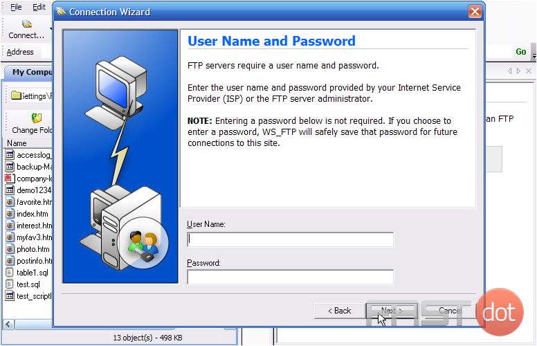 8) Enter the username and password for the hosting account.