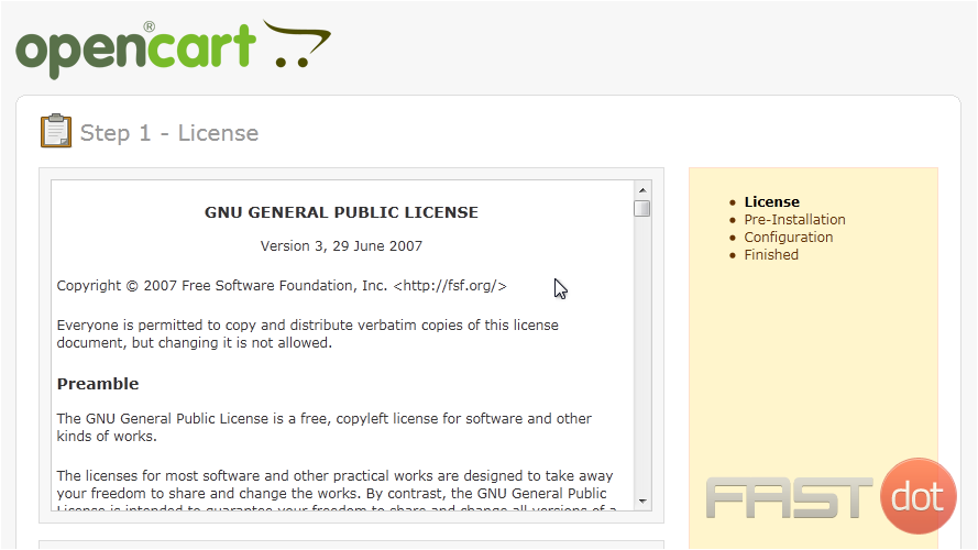 9) You must agree to the license conditions in order to install OpenCart.