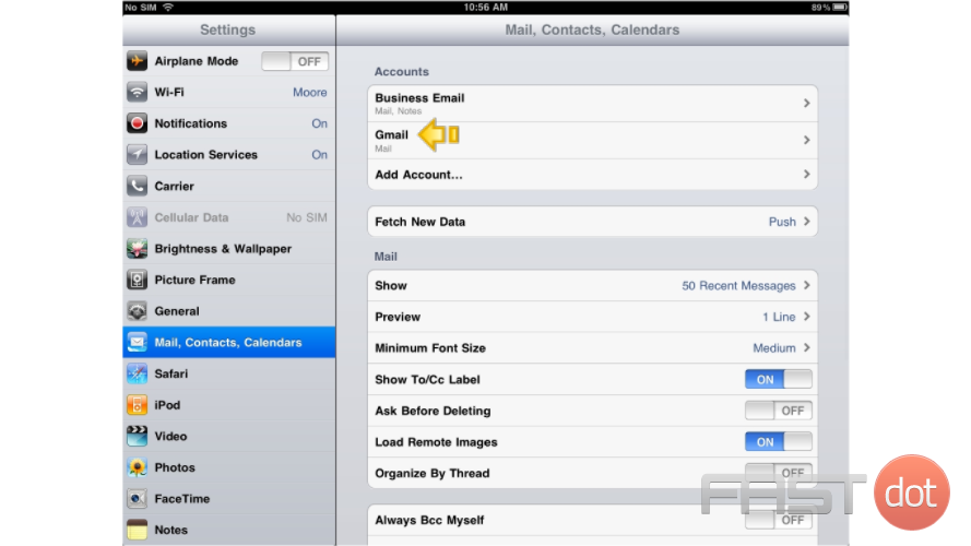 Success! The Gmail account has been setup on the iPad, and you can see it here listed under "Accounts".