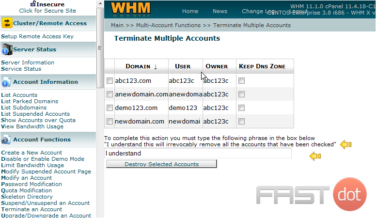 From here you can terminate (or delete) several accounts at one time. Be very careful with this as terminating accounts is a permanent action. Also, be sure never to delete your main reseller account which is also listed here (abc123.com). In order to delete multiple accounts at once, you'll have to type this phrase into the text box before clicking the Destroy Selected Accounts button