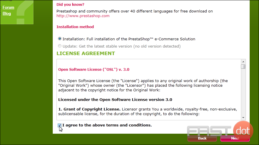 10) You must agree to the license conditions in order to install PrestaShop.