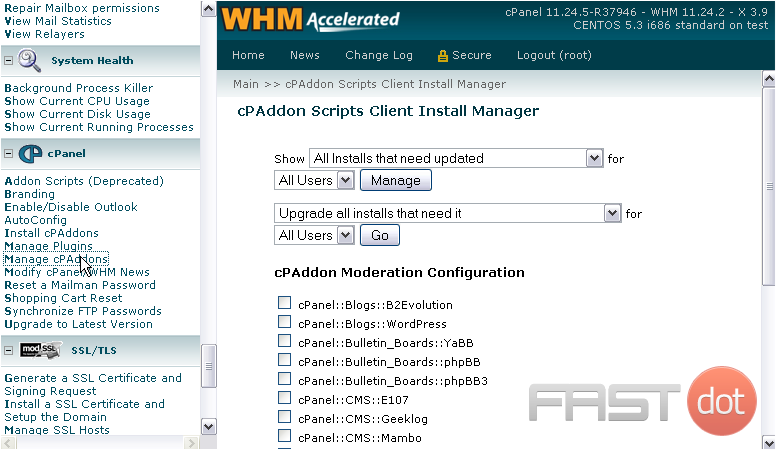 8) Now that we have some addons installed, we can manage them. Go to Manage cPAddons.