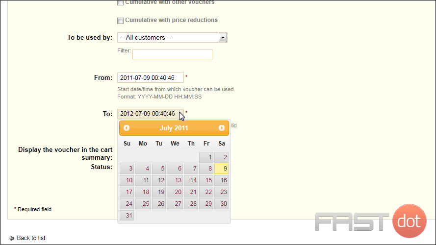 11) Click in the From and To boxes to use the pop-up calendar to set the dates this promotion should be available.