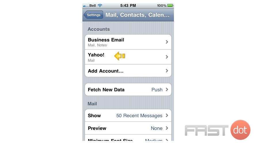 Success! The Yahoo! email account has been setup on the iPhone, and you can see it here listed under "Accounts".