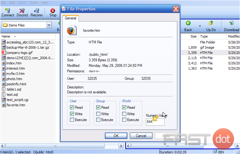 11) To change the file permissions, simply enter the new permissions value here.....