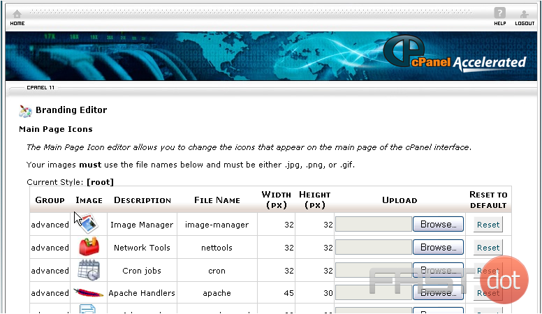 This page is for editing the icons used on cPanel's main page. The table at the top of the page is similar to the one in the logo editor.