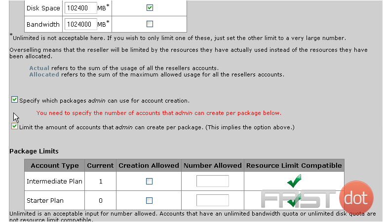 12) You may also limit the reseller to creating a specific number of accounts using each package.