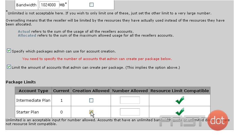 13) Click Creation Allowed to allow a reseller to create this package.