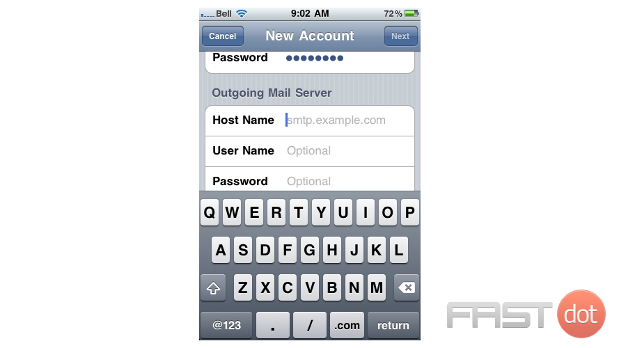 10) Next, enter the Host Name, User Name and Password for the "Outgoing" Mail Server.